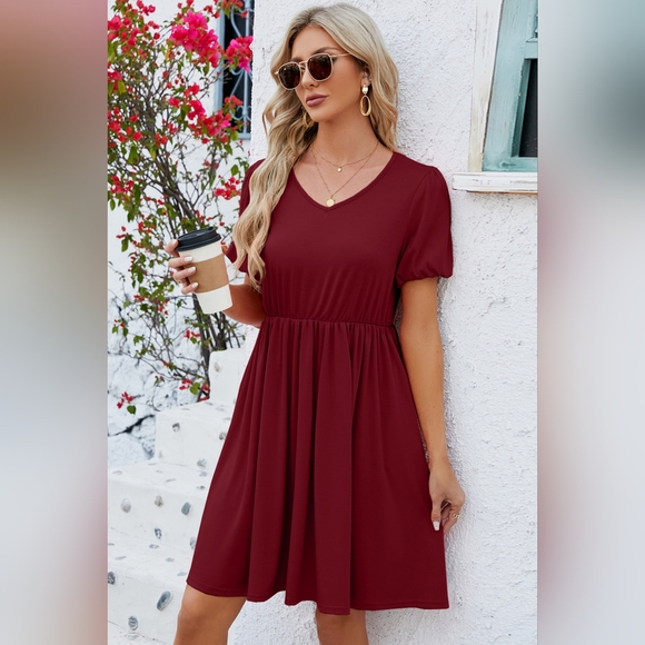 V-Neck Balloon Short Sleeve Dress. Hit The Like ♡ Button For SALE Price - Picture 3 of 4